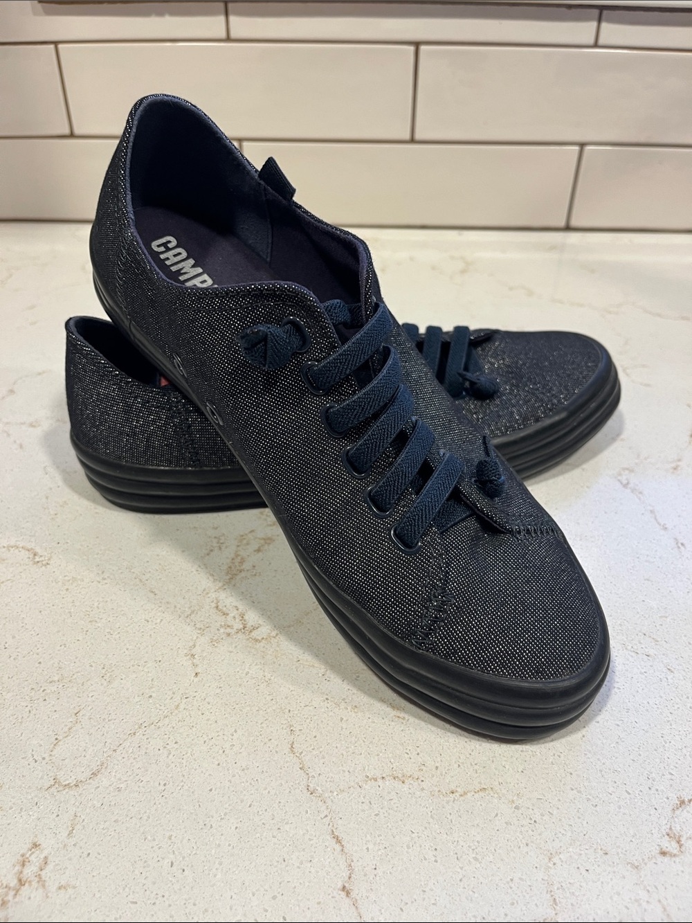 Camper Navy Glitter Low-Profile Lace-Up Sneakers